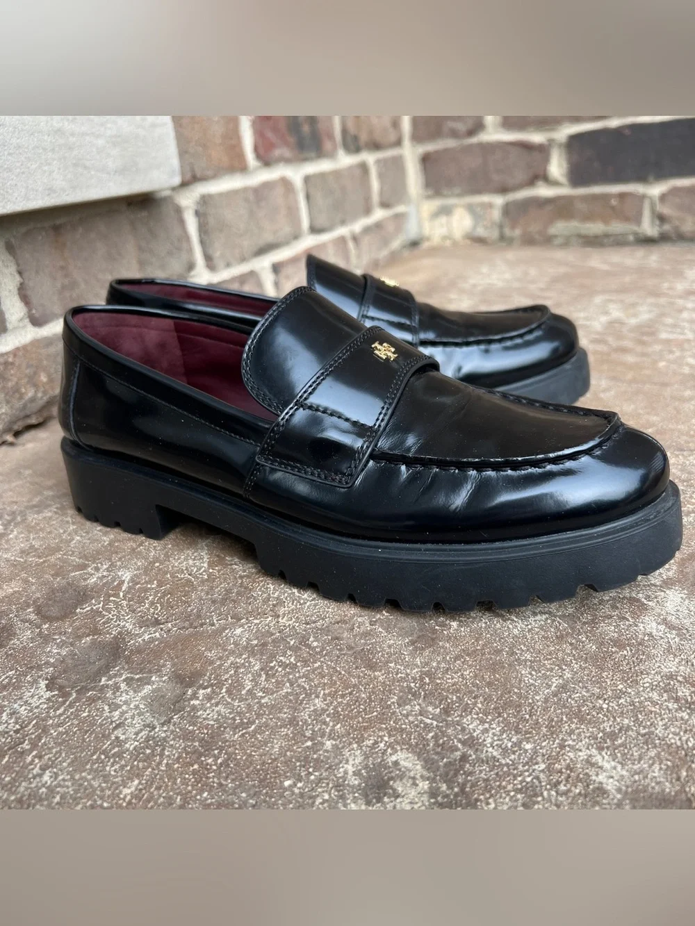 Tory Burch Classic Lug Loafer Black Patent Leather Sz 10